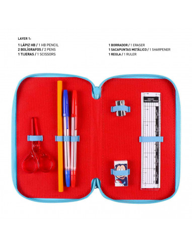 Tradineur- Plumier de Mickey Mouse, ideal para la escuela, de color azul y rojo, con 44 piezas entre boligrafos, rotuladores, la