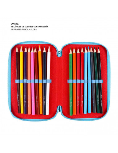 Tradineur- Plumier de Mickey Mouse, ideal para la escuela, de color azul y rojo, con 44 piezas entre boligrafos, rotuladores, la