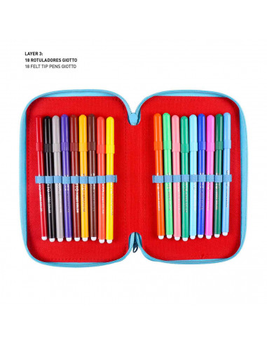 Tradineur- Plumier de Mickey Mouse, ideal para la escuela, de color azul y rojo, con 44 piezas entre boligrafos, rotuladores, la