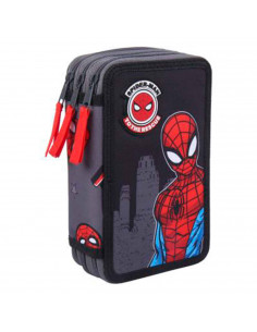 Tradineur- Plumier de Spiderman, ideal para la escuela, de color negro, con 44 piezas entre boligrafos, rotuladores, lapices, re