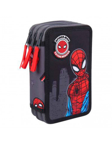 Tradineur- Plumier de Spiderman, ideal para la escuela, de color negro, con 44 piezas entre boligrafos, rotuladores, lapices, re