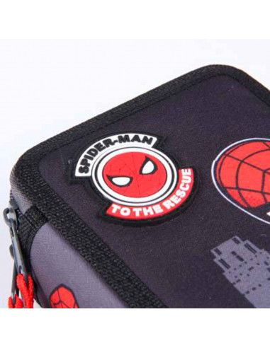 Tradineur- Plumier de Spiderman, ideal para la escuela, de color negro, con 44 piezas entre boligrafos, rotuladores, lapices, re