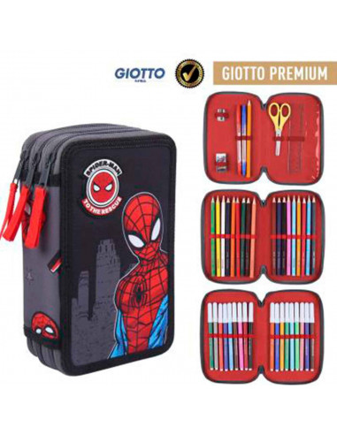 Tradineur- Plumier de Spiderman, ideal para la escuela, de color negro, con 44 piezas entre boligrafos, rotuladores, lapices, re