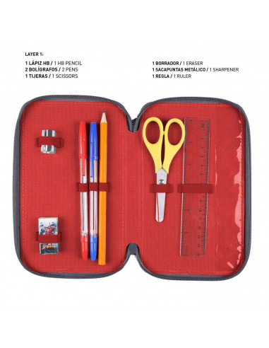 Tradineur- Plumier de Spiderman, ideal para la escuela, de color negro, con 44 piezas entre boligrafos, rotuladores, lapices, re