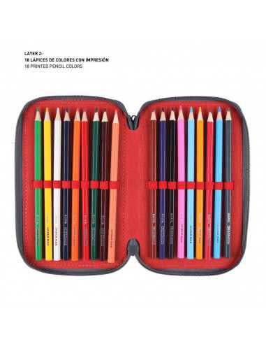 Tradineur- Plumier de Spiderman, ideal para la escuela, de color negro, con 44 piezas entre boligrafos, rotuladores, lapices, re