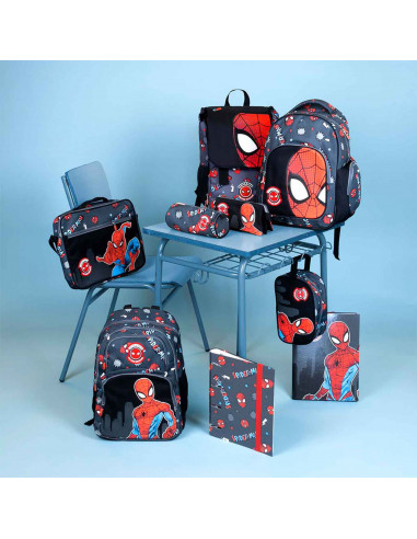 Tradineur- Plumier de Spiderman, ideal para la escuela, de color negro, con 44 piezas entre boligrafos, rotuladores, lapices, re