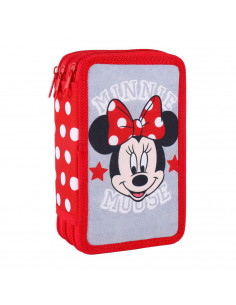 Tradineur- Plumier de Minnie Mouse, ideal para la escuela, de color gris, con 44 piezas entre boligrafos, rotuladores, lapices,