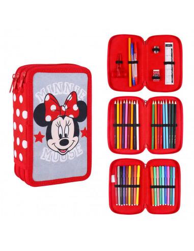 Tradineur- Plumier de Minnie Mouse, ideal para la escuela, de color gris, con 44 piezas entre boligrafos, rotuladores, lapices,