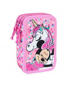 Tradineur- Plumier rosa de Minnie Mouse, ideal para la escuela, con 42 piezas entre boligrafos, rotuladores, lapices, regla....