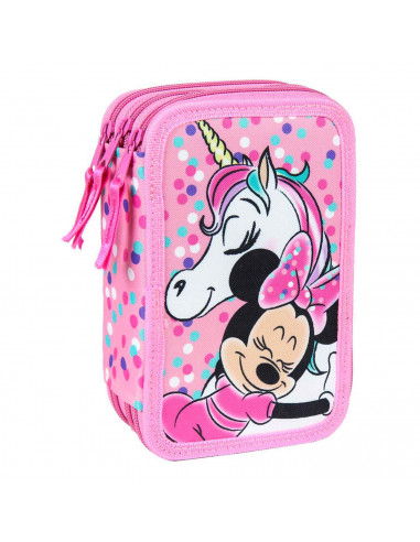 Tradineur- Plumier rosa de Minnie Mouse, ideal para la escuela, con 42 piezas entre boligrafos, rotuladores, lapices, regla....