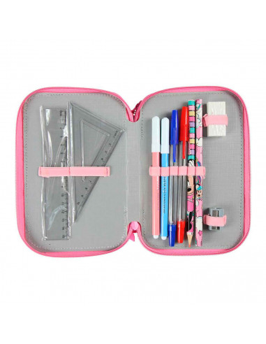 Tradineur- Plumier rosa de Minnie Mouse, ideal para la escuela, con 42 piezas entre boligrafos, rotuladores, lapices, regla....
