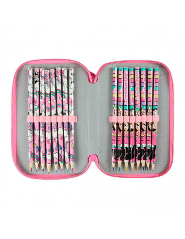 Tradineur- Plumier rosa de Minnie Mouse, ideal para la escuela, con 42 piezas entre boligrafos, rotuladores, lapices, regla....