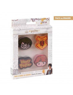 Tradineur - Pack de 4 gomas de Harry Potter, con distintos diseños, ideal para la vuelta al cole, adaptable a lápices. Medidas c