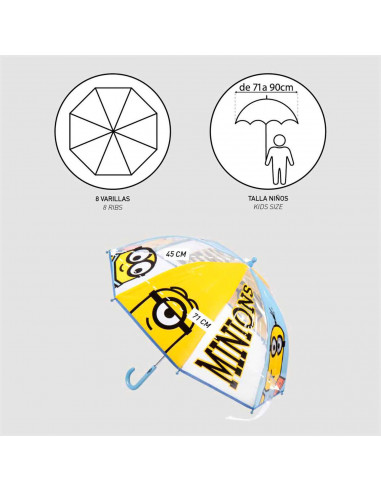 Tradineur - Paraguas de los Minions, especial para niños, trasparente y con dibujos, de 8 varillas. Medidas 64 x 8 cm. Licencia