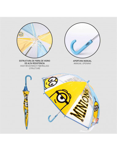Tradineur - Paraguas de los Minions, especial para niños, trasparente y con dibujos, de 8 varillas. Medidas 64 x 8 cm. Licencia