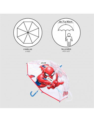 Tradineur - Paraguas de Spiderman, especial para niños, trasparente y con dibujos, de 8 varillas. Medidas 64 x 8 cm. Licencia Of