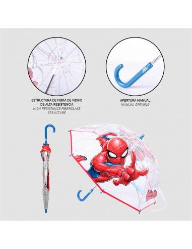 Tradineur - Paraguas de Spiderman, especial para niños, trasparente y con dibujos, de 8 varillas. Medidas 64 x 8 cm. Licencia Of