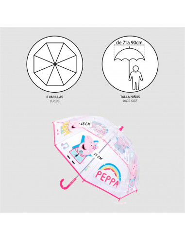 Tradineur - Paraguas de Peppa Pig, especial para niños, trasparente y con dibujos, de 8 varillas. Medidas 64 x 8 cm. Licencia Of