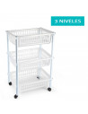Tradineur - Carrito verdulero de plástico con 3 niveles y ruedas, cestas apilables portaobjetos, frutas, verduras, cocina, baño
