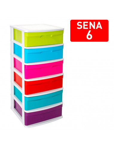 Tradineur - Cajonera de almacenaje modelo Sena, 6 cajones multicolor, plástico, torre de ordenación multiusos, hogar (Blanco, 96
