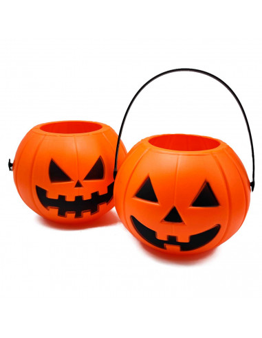 Tradineur - Cesta con asa para recoger caramelos - Fabricado en plástico - Diseño de calabaza - Halloween, cubo, recipiente para