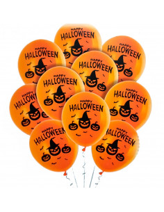 Tradineur - Pack de 10 globos - "Happy Halloween" - 30 cm al inflar - Ideal como decoración de tu hogar y celebrar de halloween.