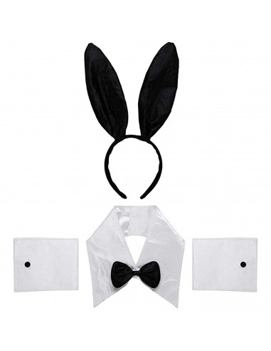 Tradineur - Set 3 piezas de disfraz de conejita - Color blanco y negro, complemento para carnaval, halloween y celebraciones. -