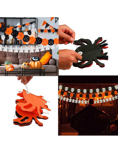 Tradineur - Guirnalda de arañas de Halloween - Diseño clásico - Decoración y accesorio para Halloween - Color naranja y negro -