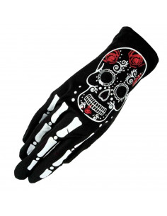 Tradineur - Guantes cortos con diseño de calavera mexicana- Fabricación 100% poliéster - Complementos de disfraz, carnaval, hall
