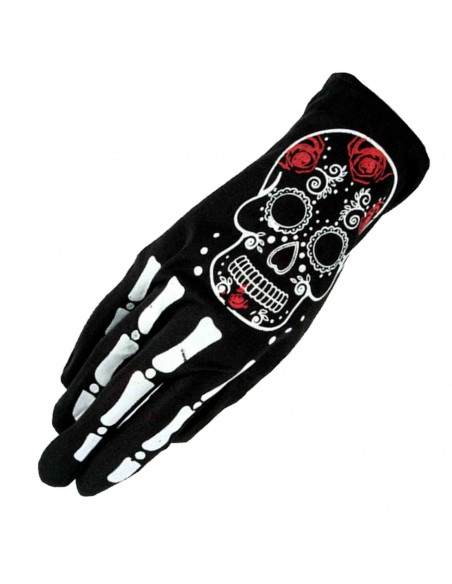 Tradineur - Guantes cortos con diseño de calavera mexicana- Fabricación 100% poliéster - Complementos de disfraz, carnaval, hall Tradineur - Guantes cortos con diseño de calavera mexicana- Fabricación 100% poliéster - Complementos de disfraz, carnaval, hall