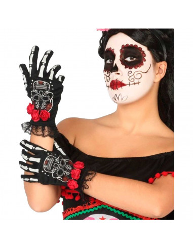 Tradineur - Guantes cortos con diseño de calavera mexicana- Fabricación 100% poliéster - Complementos de disfraz, carnaval, hall
