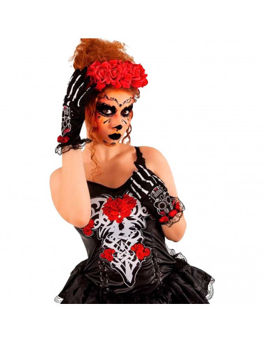 Tradineur - Guantes cortos con diseño de calavera mexicana- Fabricación 100% poliéster - Complementos de disfraz, carnaval, hall