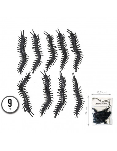 Tradineur - Pack de ciempiés para Halloween - 9 Unidades - Gran diseño - Decoración y accesorio para Halloween - Color Negro