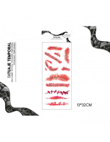 Tradineur - Blister de tatuajes de halloween - Incluye 11 tatuajes - Diseño de heridas con puntos - Atención al detalle - Comple