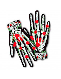 Tradineur - Guantes cortos con diseño de huesos, calaveras y flores- Fabricación 100% poliéster - Complementos de disfraz, carna