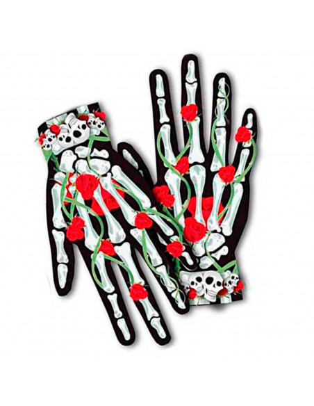 Tradineur - Guantes cortos con diseño de huesos, calaveras y flores- Fabricación 100% poliéster - Complementos de disfraz, carna Tradineur - Guantes cortos con diseño de huesos, calaveras y flores- Fabricación 100% poliéster - Complementos de disfraz, carna