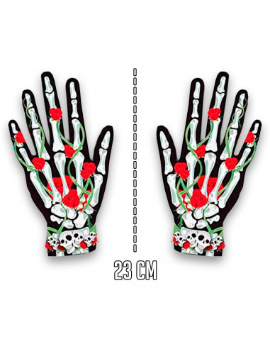 Tradineur - Guantes cortos con diseño de huesos, calaveras y flores- Fabricación 100% poliéster - Complementos de disfraz, carna