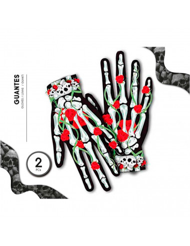 Tradineur - Guantes cortos con diseño de huesos, calaveras y flores- Fabricación 100% poliéster - Complementos de disfraz, carna
