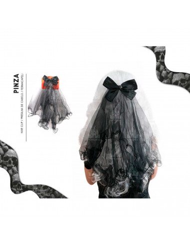 Tradineur - Velo con pinzas y pajarita - Fabricado en plástico - Accesorio para disfraces de Halloween, carnaval, celebraciones.