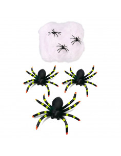 Tradineur - Pack de telaraña decorativa y 3 arañas de plástico - Fabricado en poliéster - Adorno para decoración - Color blanco