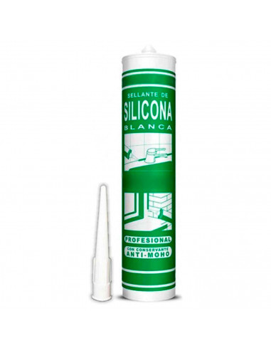 Tradineur - Sellante de silicona blanca anti-moho 280 ml, cartucho de silicona con cánula, anti-moho, bricolaje