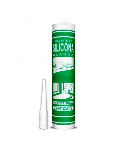 Tradineur - Sellante de silicona blanca anti-moho 280 ml, cartucho de silicona con cánula, anti-moho, bricolaje