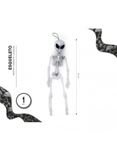 Tradineur - Esqueleto de alien para Halloween - Fabricado en plástico - Adorno para decoración - Longitud 42 cm - Color Blanco
