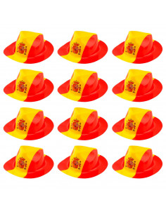 Tradineur - Pack de 12 sombreros vaqueros con diseño de bandera de España - Fabricación 100% plático - para jóvenes y adultos -