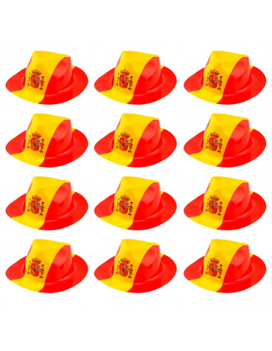 Tradineur - Pack de 12 sombreros vaqueros con diseño de bandera de España - Fabricación 100% plático - para jóvenes y adultos -
