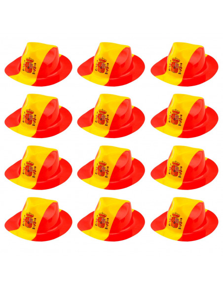 Tradineur - Pack de 12 sombreros vaqueros con diseño de bandera de España - Fabricación 100% plático - para jóvenes y adultos -