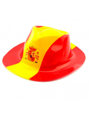 Tradineur - Pack de 12 sombreros vaqueros con diseño de bandera de España - Fabricación 100% plático - para jóvenes y adultos -