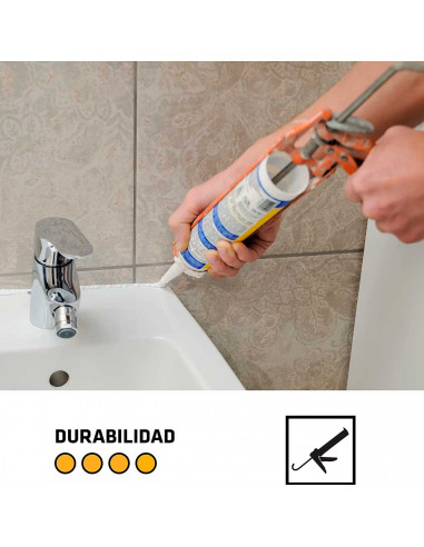 Tradineur - Sellante de silicona blanca anti-moho 280 ml, cartucho de silicona con cánula, anti-moho, bricolaje
