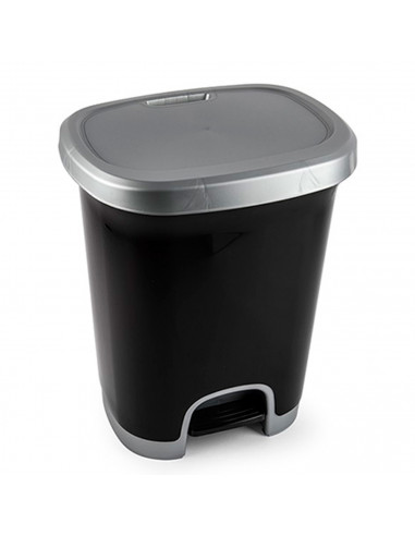 Tradineur - Cubo de basura 27 litros con pedal y tapa, plástico negro y gris, 46,3 x 38 x 31,5 cm, papelera, cesto reciclaje,  f