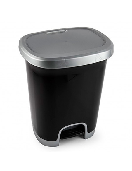 Tradineur - Cubo de basura 27 litros con pedal y tapa, plástico negro y gris, 46,3 x 38 x 31,5 cm, papelera, cesto reciclaje,  f